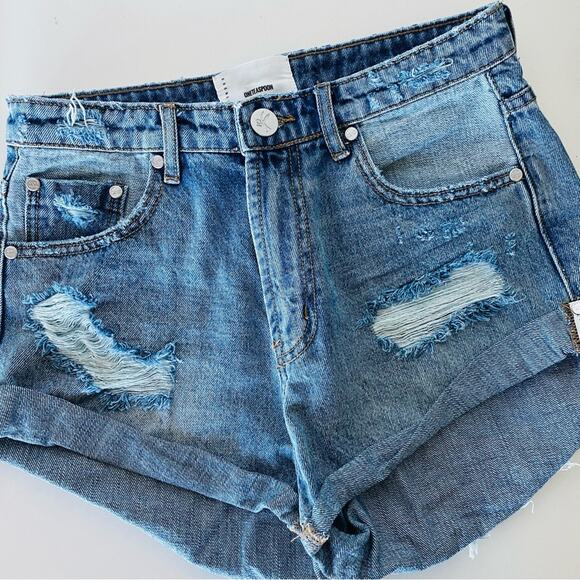 ONE TEASPOON Mid Rise Bandits Distressed Medium Blue Wash Denim Cutoffs Short 28